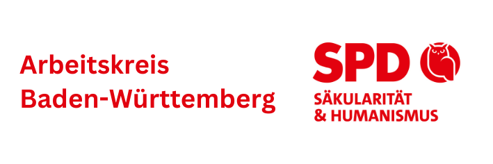 Links steht rot auf weiß: "Arbeitskreis Baden-Württemberg". Rechts steht rot auf weiß: "SPD Säkularität & Humanismus". Daneben in einem roten Kreis eine weiße Eule.