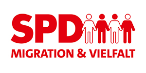 Das Logo der Arbeitsgemeinschaft Migration und Vielfalt rot auf weiß.