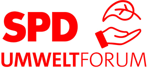Rot auf weiß rechts im Bild: Eine geöffnete Hand, darüber ein Blatt eines Baums. Links davon steht: SPD Umweltforum.